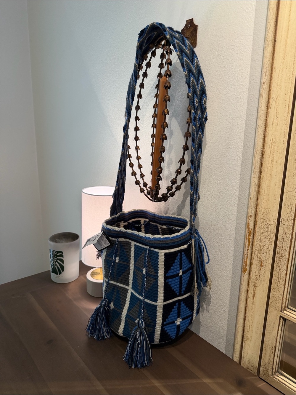 Handwoven Blue Patterned Bucket Bag by ARTERALDA Mochila WYU 100% Colombian New